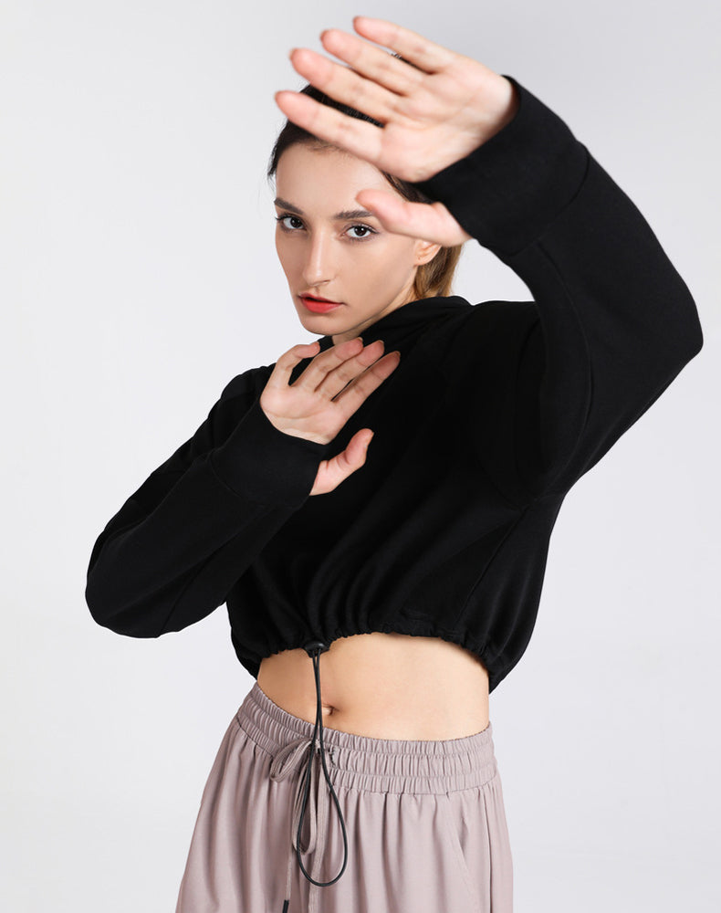 Drawstring Cropped Hoodies with Thumb Holes