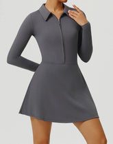 Long Sleeve Zip Polo Collar Tennis Dress with Built in Short