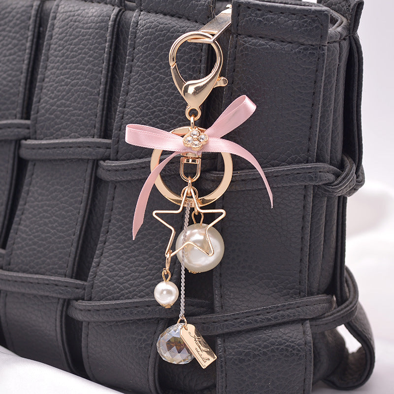 Five-Pointed Star Bag Keychain with Bow and Pearl