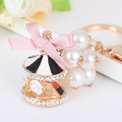 Carousel Bag Keychain with Bow Knot and Pearls Pendant