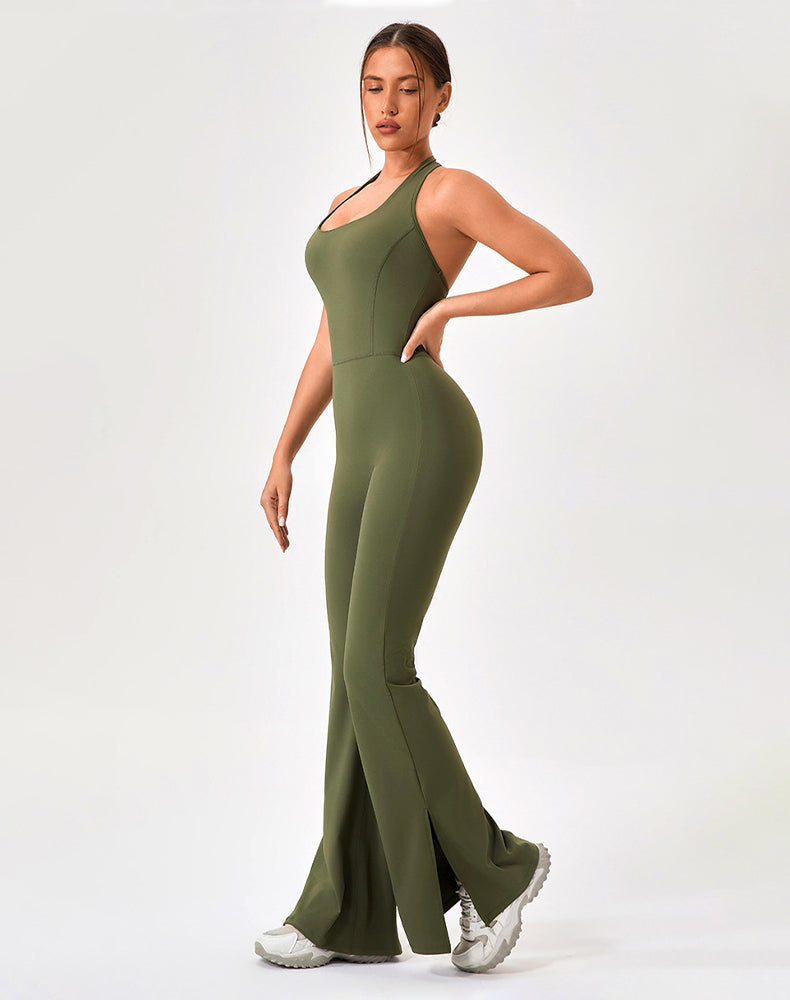 Halter Neck Flare Jumpsuit One Piece Side Split Yoga Rompers