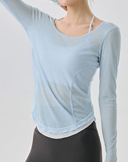 Slim Fit Contrasting Color Long Sleeves Mesh Yoga Shirt