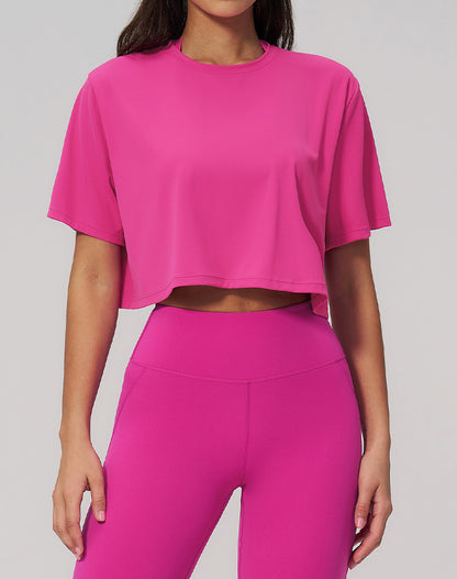 Short Sleeve Crop Tops Round Neck T-Shirts Loose Fit Blouse