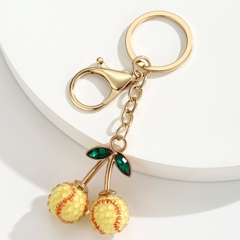 Rhinestone Sports Ball Cherry Keychain Key Ring Bag Charm