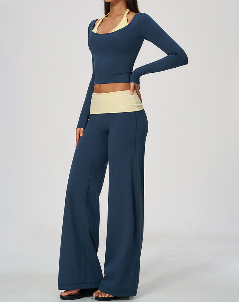 2 Piece Long Sleeve Sports T-Shirt and Fold Over Flare Pant