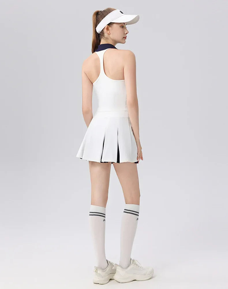 Colorblock Tennis Golf Sets with Polo Collared Top and Skirt -