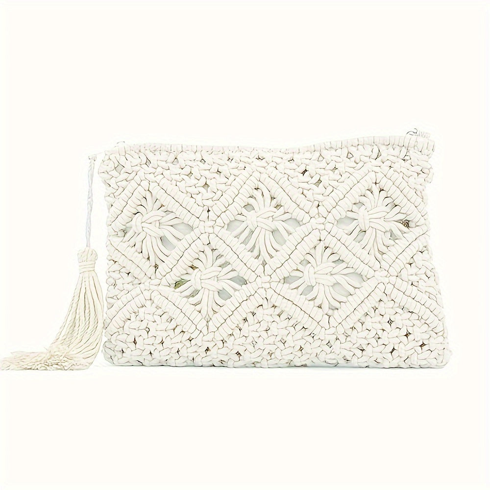 Geometric Print Fabric Straw Woven Clutch Bag