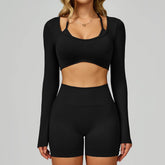 Backless Long Sleeve Workout Crop Top Gym Shirt with Halter