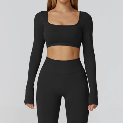 Long Sleeve Crop Top Yoga T-Shirt with Built in Bra