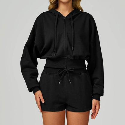 Long Sleeve Full Zip Up Crop Drawstring Hoodie Jacket
