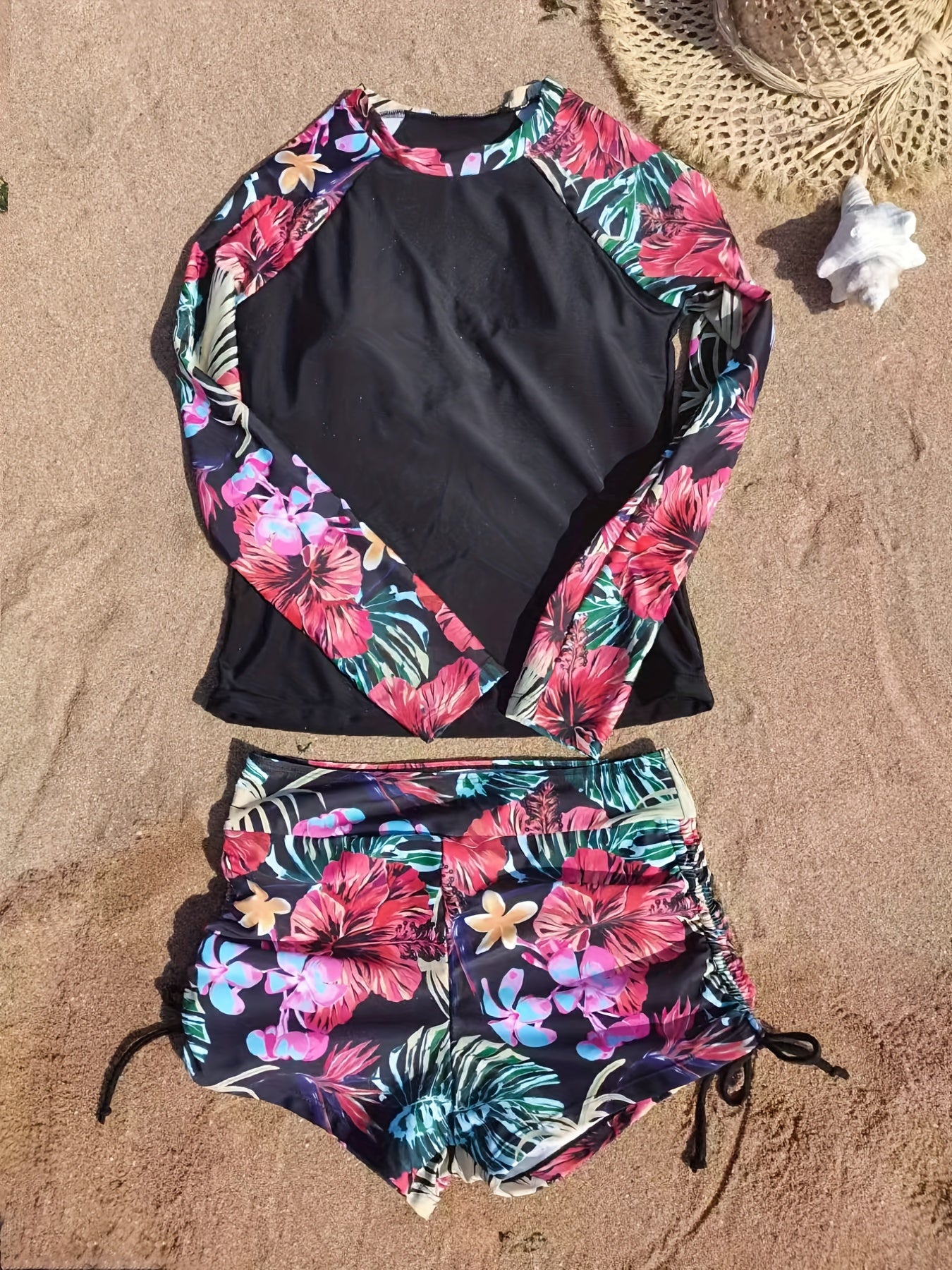 2-Piece Blue Floral Long Sleeve Swimsuit