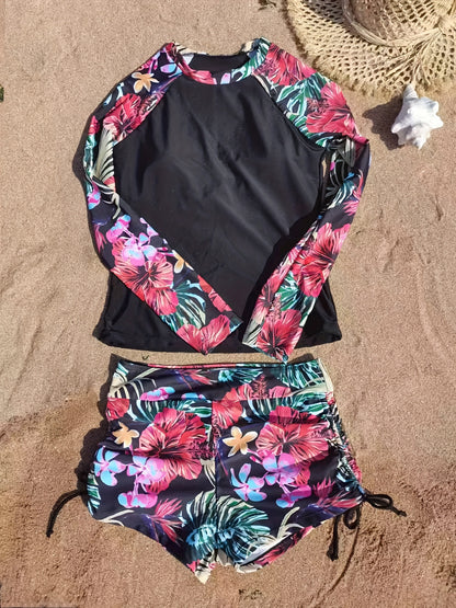 2-Piece Blue Floral Long Sleeve Swimsuit