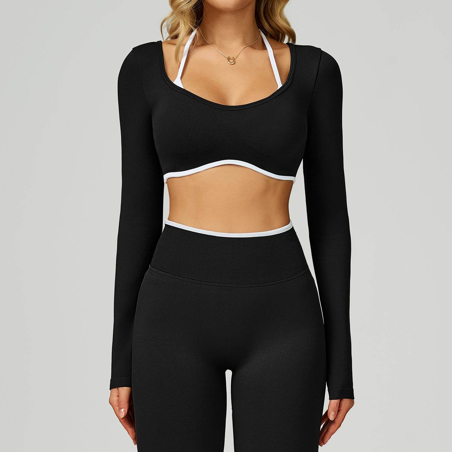 Backless Long Sleeve Workout Crop Top Gym Shirt with Halter