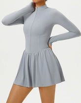 Long Sleeve Zipper Tennis Dress with Built-in Short