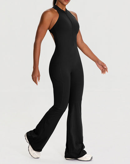Zipper Racerback Yoga Bodysuit Flare Jumpsuit with Pockets