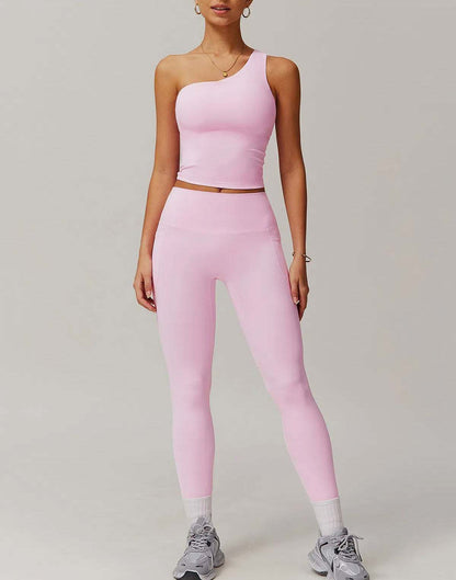 Solid Yoga Set With One shoulder Tank Top and Legging | Ideal for Gym