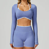 Backless Long Sleeve Workout Crop Top Gym Shirt with Halter