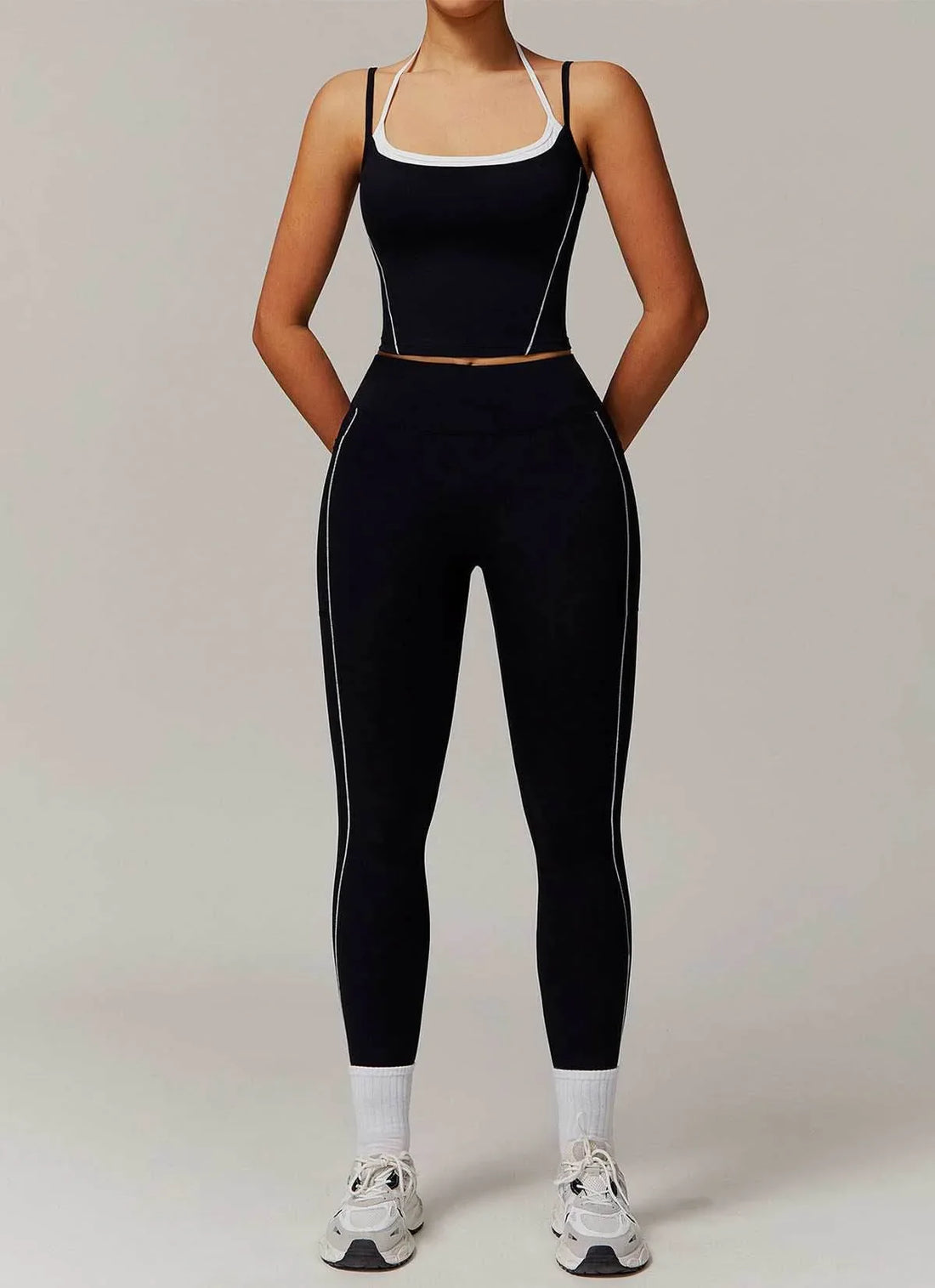 Activewear Set with Double Crossed Tank Top and Legging - Black
