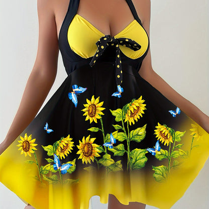 Vibrant Sunflower Print Two-Piece Tankini Set