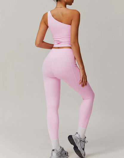 Solid Yoga Set With One shoulder Tank Top and Legging | Ideal for Gym