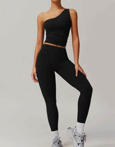 Solid Yoga Set With One shoulder Tank Top and Legging