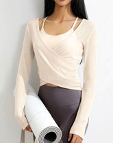 Long Sleeve Athletic Tops Yoga Wrap Mesh Shirts