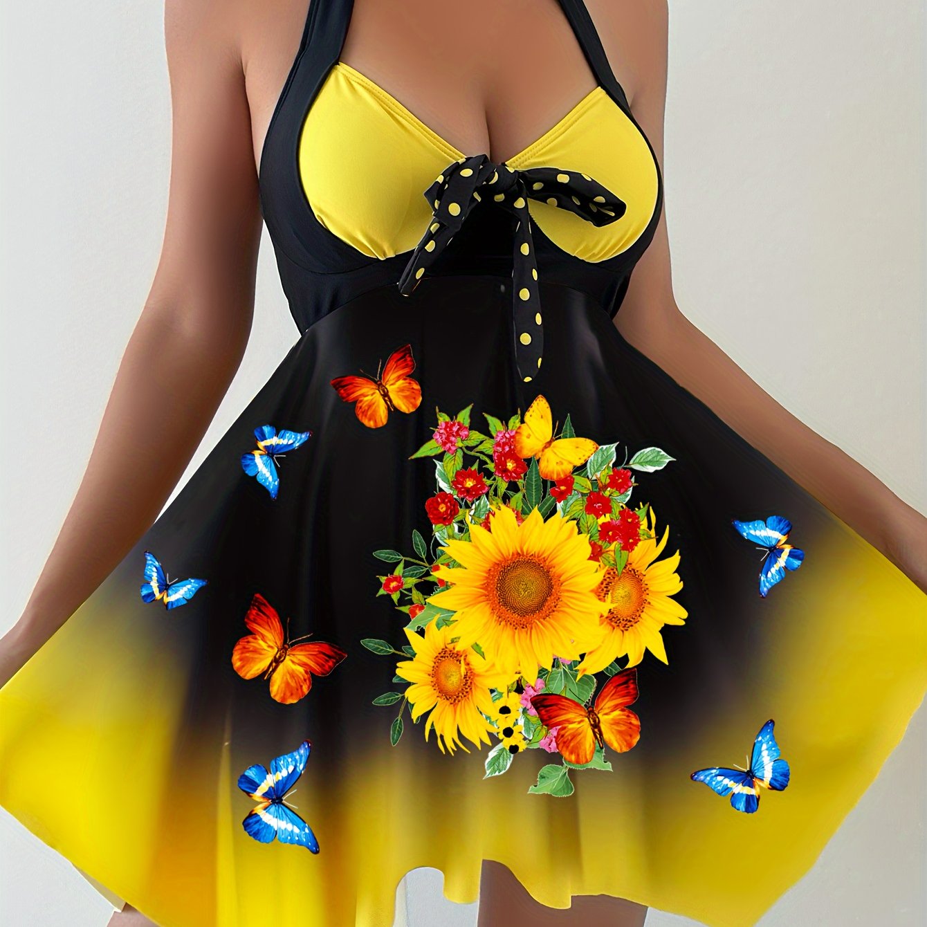 Vibrant Sunflower Print Two-Piece Tankini Set