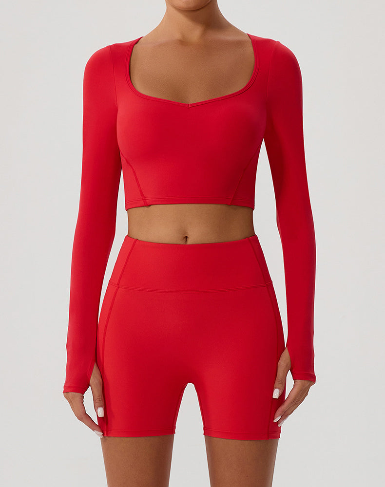 Solid Color Crop Top Yoga Long Sleeve V Neck T-Shirts