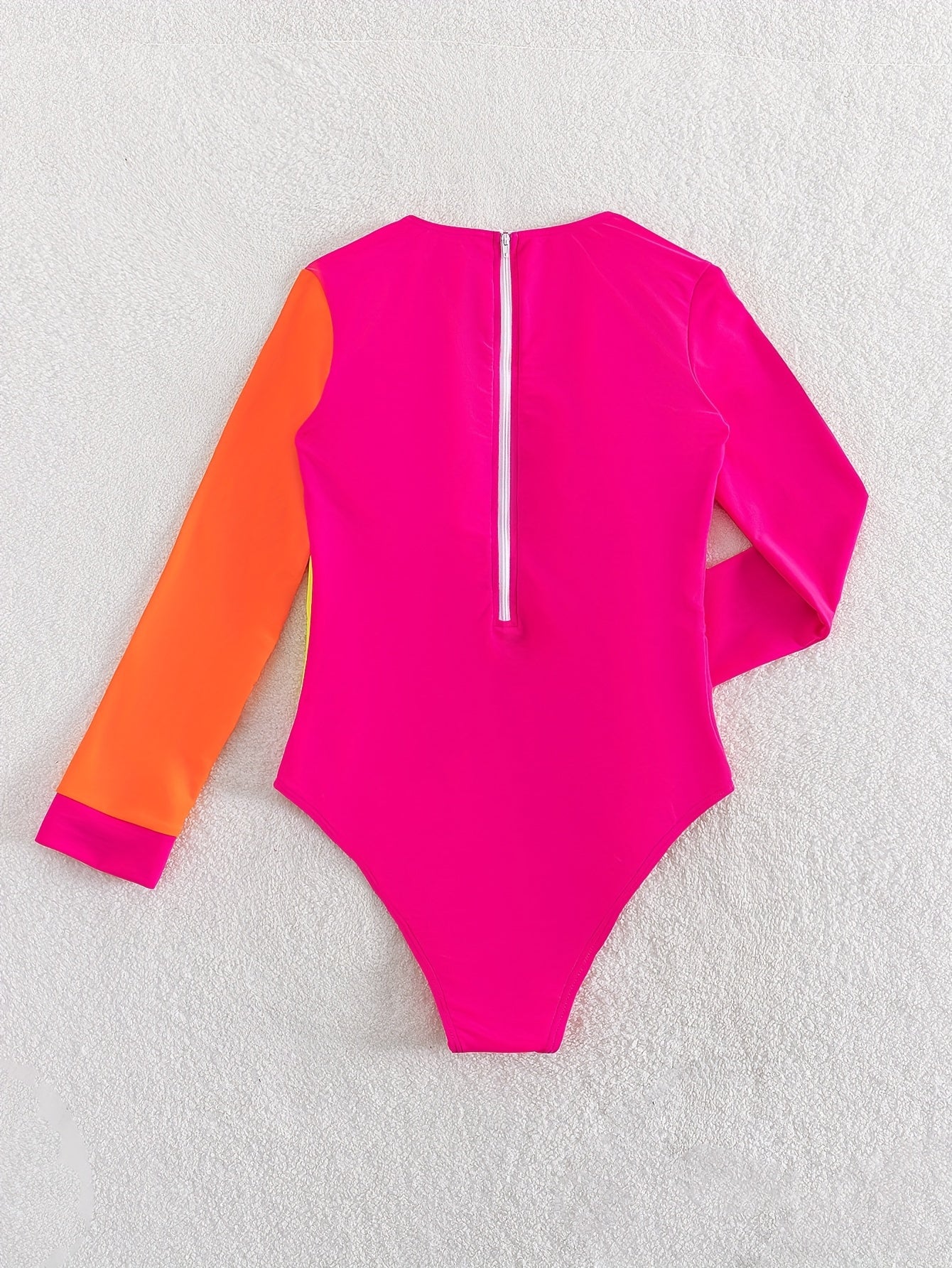 Color Block Zipper Long Sleeve One-piece Swimsuit