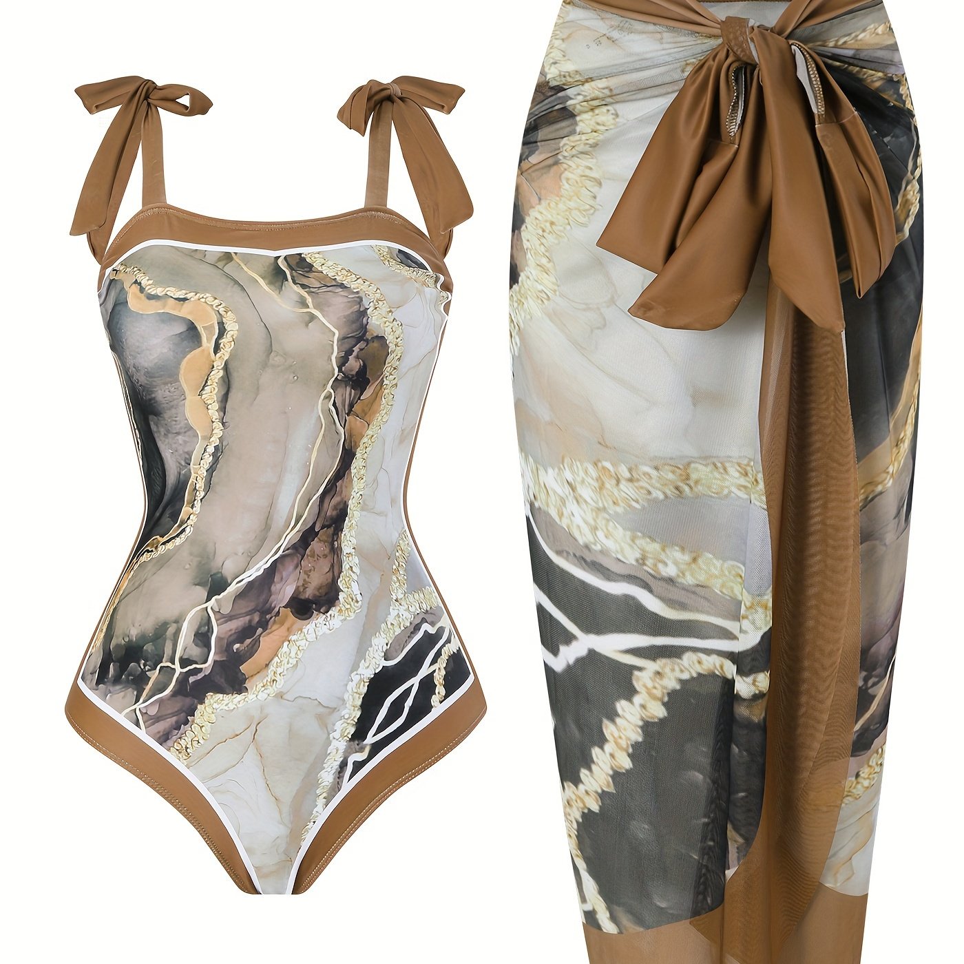 Chic Brown Marble Print Swimsuit Set