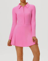 Long Sleeve Zip Polo Collar Tennis Dress with Built in Short
