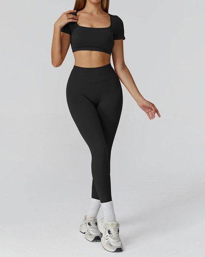 Athletic Wear with Short Sleeve Crop Top and Legging