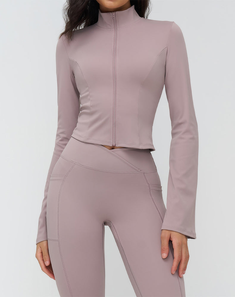Full Zip Up Workout Cropped Jackets Flared sleeve Yoga Tops