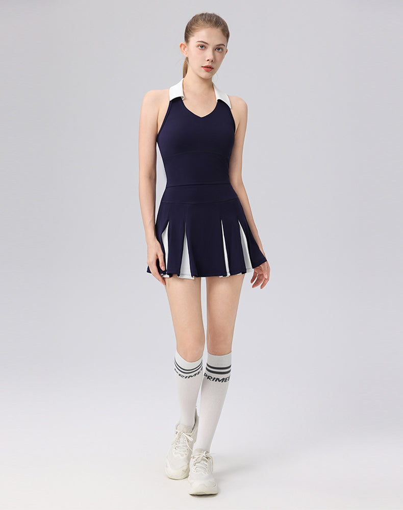 Colorblock Tennis Golf Sets with Polo Collared Top and Skirt