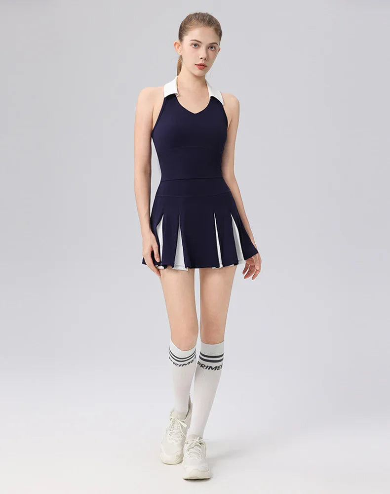 Colorblock Tennis Golf Sets with Polo Collared Top and Skirt