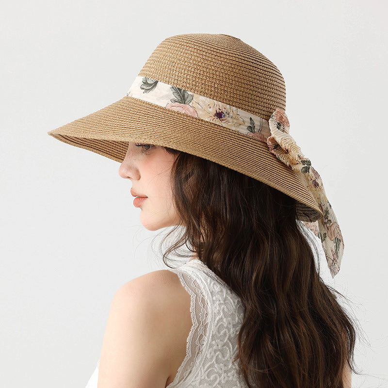 Summer Beach Straw Bucket Hat with Bow Tie