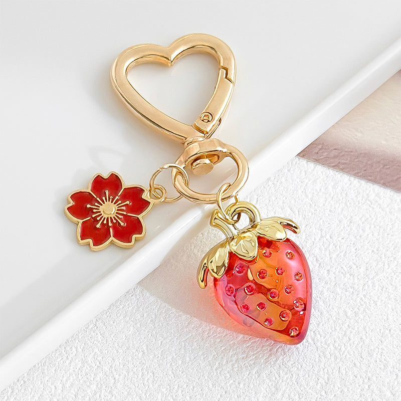 Strawberry Heart Bag Keychain Cherry Blossom Purse Charm
