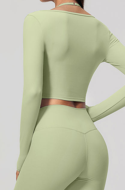 Long Sleeve Twist Front Crop Wrap Top with Sports Bra
