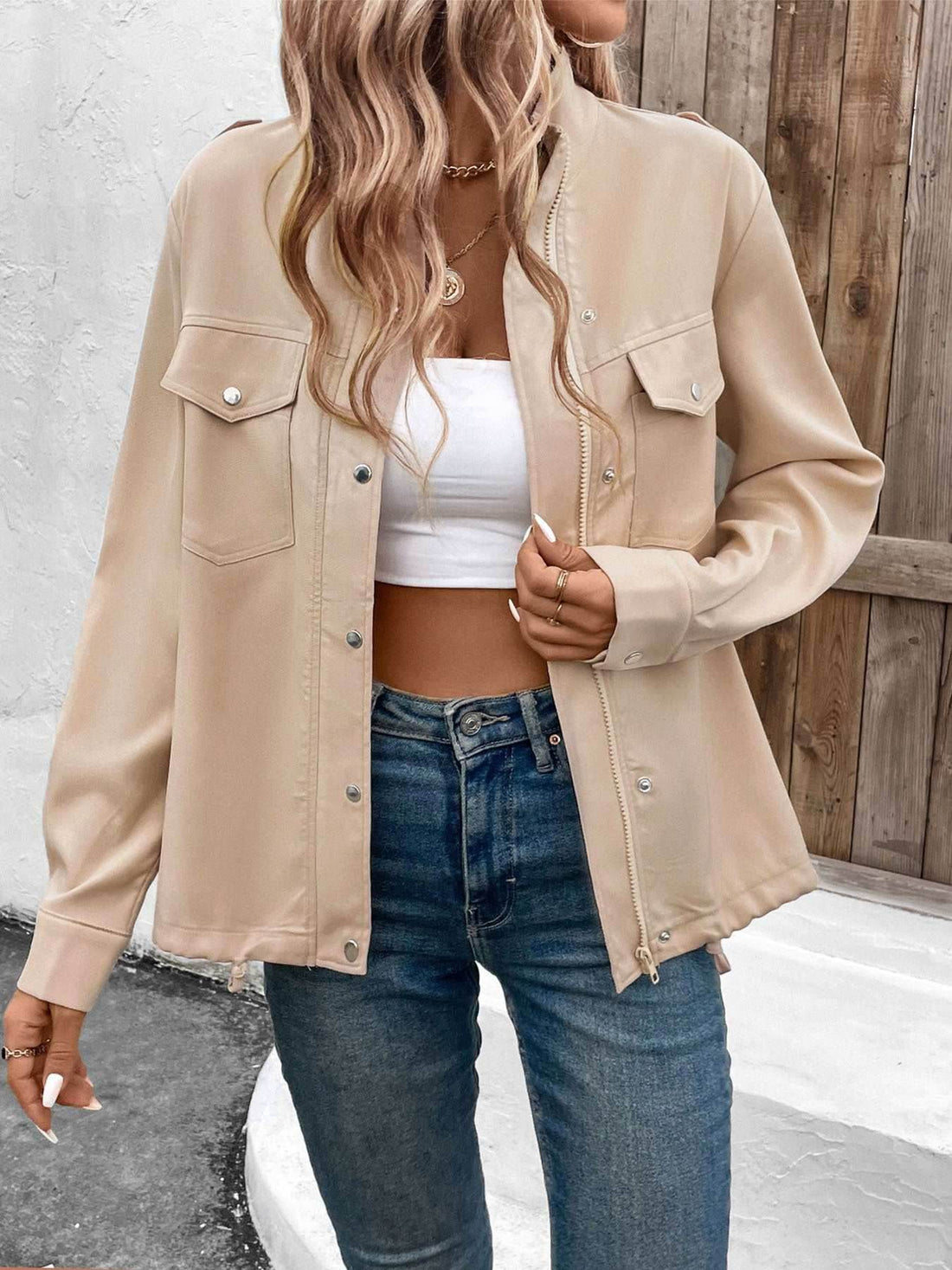 Casual Long Sleeve Shacket with Pockets