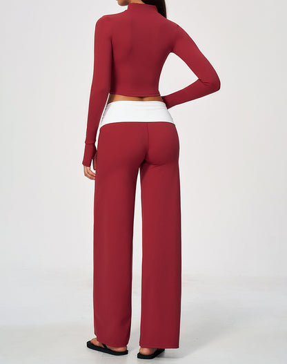 2 Piece Full Zip Cropped Jacket and Fold Over Flare Pant