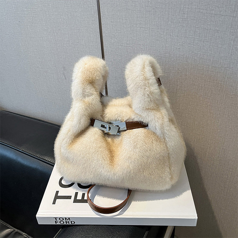 Fuzzy Shoulder Handbag Fluffy Plush Bucket Crossbody Bag