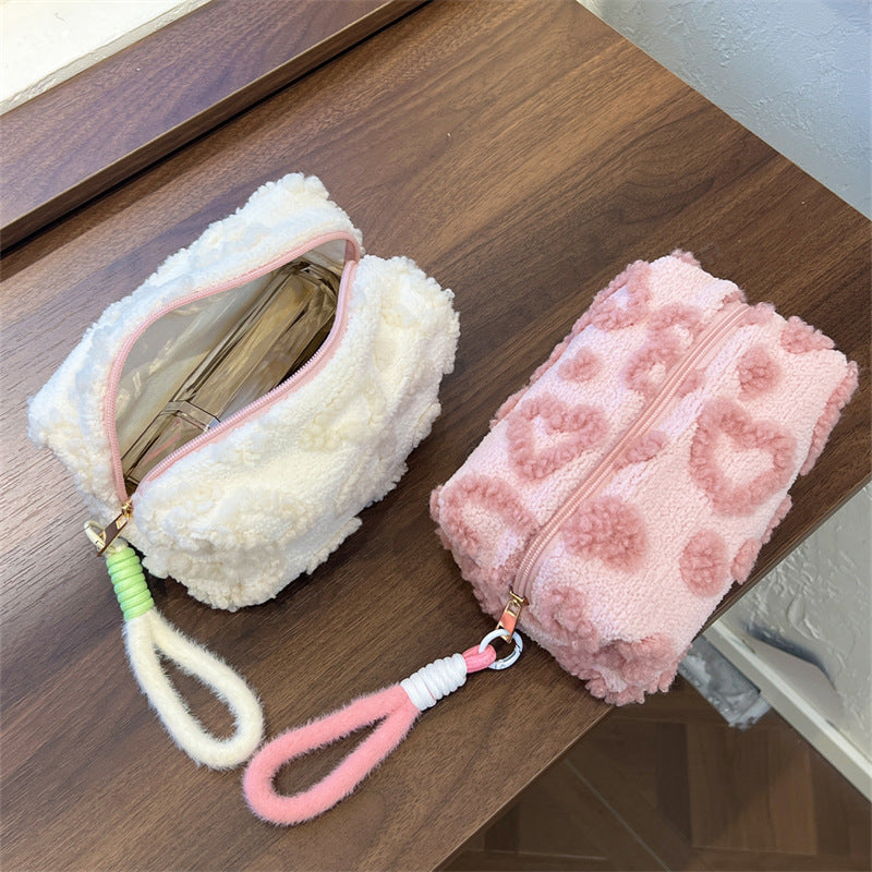 Cute Plush Heart Cosmetic Bag with Hanging Lanyard