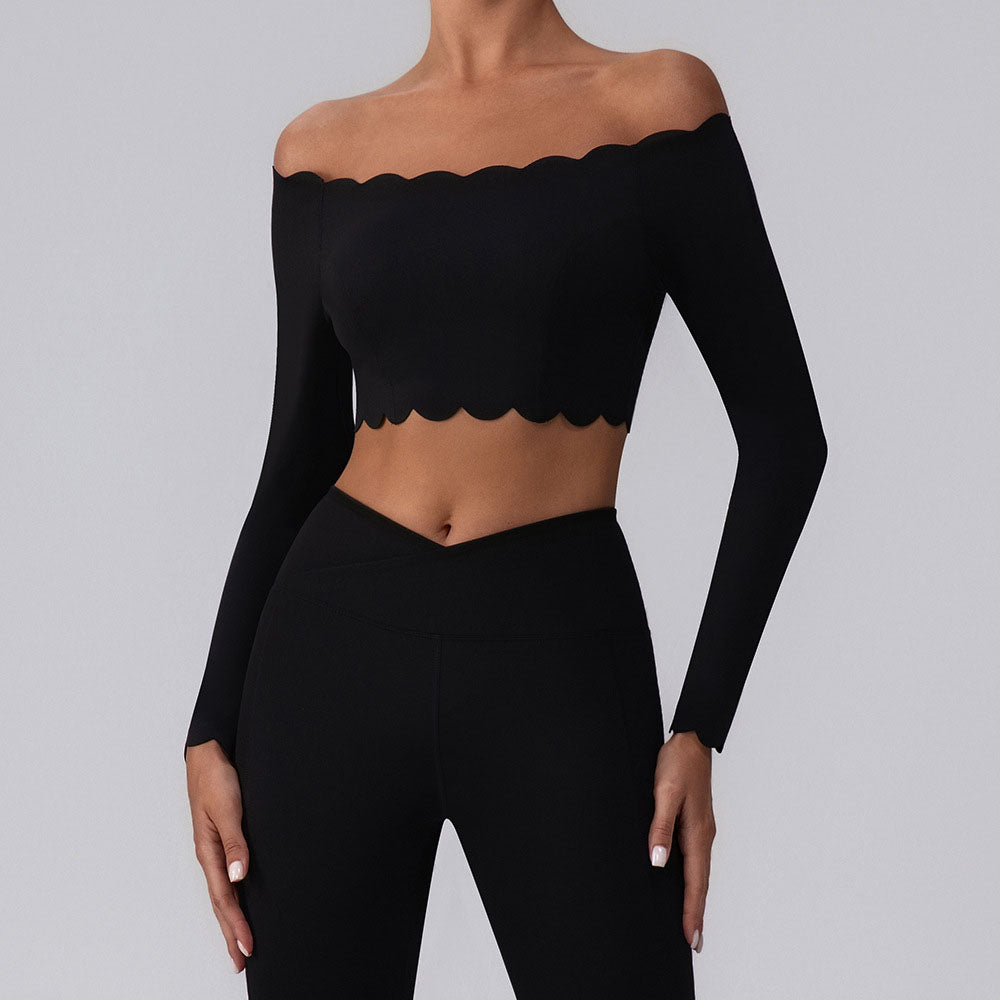 Off Shoulder Crop Tops Long Sleeve Shirt with Removable Cups