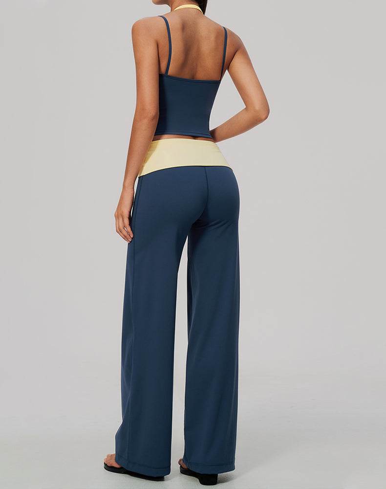 2 Piece Color Block Tank Top and Fold Over Flare Pant Sets
