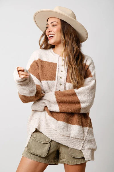 Half Button Color Block Pullover Sweater