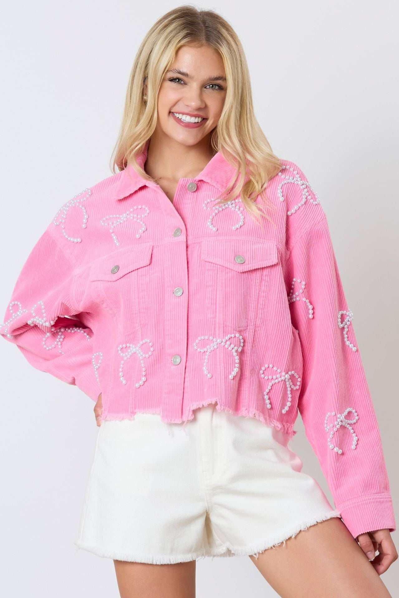 Pearl Bow Cropped Corduroy Jacket | Chic &amp; Trendy Layering Piece