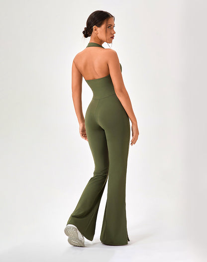 Halter Neck Flare Jumpsuit One Piece Side Split Yoga Rompers