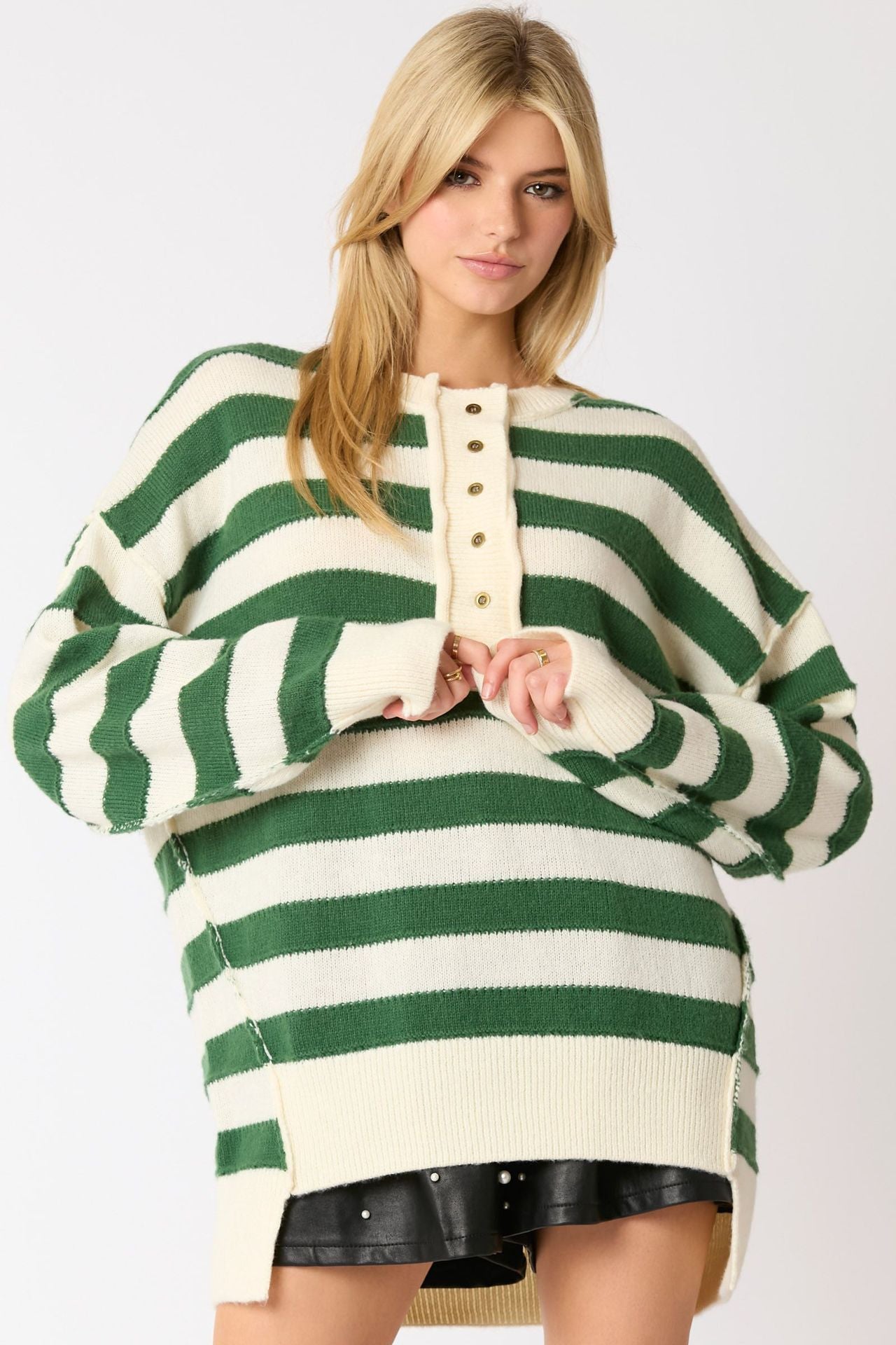 Long Sleeve Button Striped Pullover Sweater