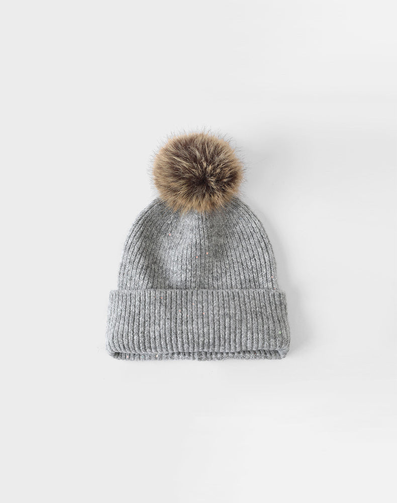 Winter Knitted Beanie Hat with Faux Fur Pom