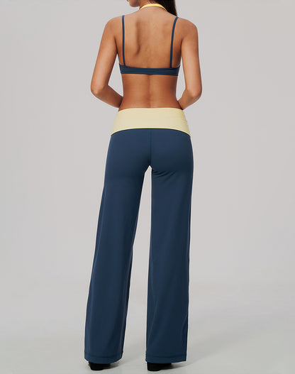2 Piece Color Block Sports Bra and Fold Over Flare Pant Sets